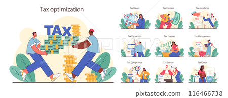 Tax optimization set. Financial efficiency, budgeting and economy idea. Taxes deduction and refund. Flat vector illustration Tax optimization set. Financial efficiency, budgeting and economy idea. Taxes deduction and refund. Flat vector illustration 116466738