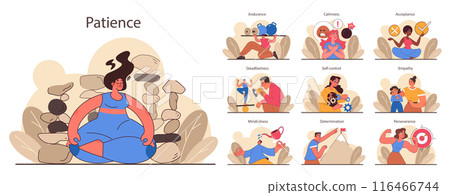 Patience set. Calm person meditating and finding balance. Mental or emotional strength, psychological self-control. Strong determination to the objective. Flat vector illustration Patience set. Calm person meditating and finding balance. Mental or emotional strength, psychological self-control. Strong determination to the objective. Flat vector illustration 116466744