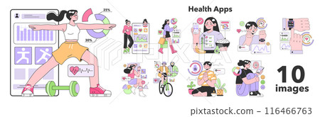Health applications set. Characters using digital device and gadgets to monitor body activity and mental health. Heartbeat, temperature control and pedometer. Flat vector illustration 116466763