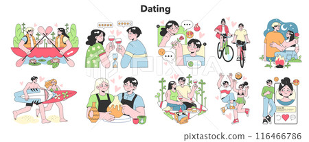Dating set. Cute romantic couple communicating on a date. Cute woman and man in love spend time together. Relationship leisure. Flat vector illustration Dating set. Cute romantic couple communicating on a date. Cute woman and man in love spend time together. Relationship leisure. Flat vector illustration 116466786