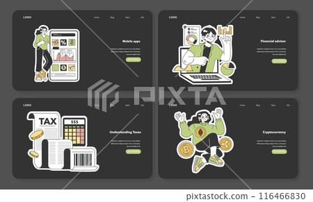 Financial literacy web banner or landing page set. Personal budget development, money planning and control. Currency balance, assets management. Financial well-being. Flat vector illustration Financial literacy web banner or landing page set. Personal budget development, money planning and control. Currency balance, assets management. Financial well-being. Flat vector illustration 116466830