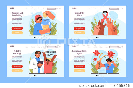 Child cancer web banner or landing page set. Little kid getting oncological illness medical treatment. Pediatric diagnosis, chemotherapy and remission. Flat vector illustration 116466846
