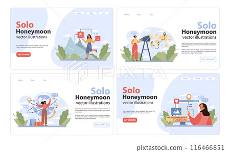 Solo travel, honeymoon web banner or landing page set. Female character traveling alone. Woman outdoor relaxation, vacation activity. Adventurous lifestyle. Flat vector illustration 116466851