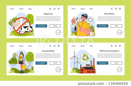 Sustainable living web banner or landing page set. Vegan and cruelty free organic diet. Animal rights. Organic plant-based nutrition. Ethical consumption and zero waste. Flat vector illustration Sustainable living web banner or landing page set. Vegan and cruelty free organic diet. Animal rights. Organic plant-based nutrition. Ethical consumption and zero waste. Flat vector illustration 116466856