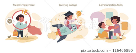 Engaged or committed fatherhood set. Childhood with father' involvement. Child growing up in happy loving family. Positive parenting impact. Flat vector illustration. 116466890