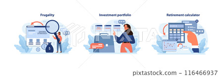 Financial independence, FIRE concept set. Money savings and investment for early retirement. Financial literacy and personal budget development. Assets management. Flat vector illustration Financial independence, FIRE concept set. Money savings and investment for early retirement. Financial literacy and personal budget development. Assets management. Flat vector illustration 116466937
