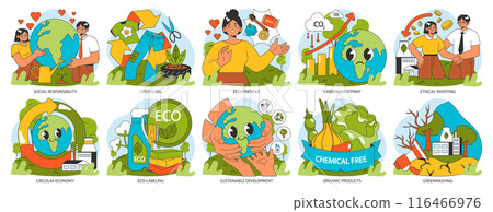 Conscious or ethical living set. Sustainable development and zero waste lifestyle. Circular economy, business and social responsibility to reduce carbon footprint. Flat vector illustration. 116466976