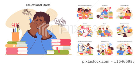 Educational stress set. Overwhelmed students grappling with deadlines, peer pressure, and exams. Balancing study with life, embracing new learning technologies. Flat vector illustration Educational stress set. Overwhelmed students grappling with deadlines, peer pressure, and exams. Balancing study with life, embracing new learning technologies. Flat vector illustration 116466983