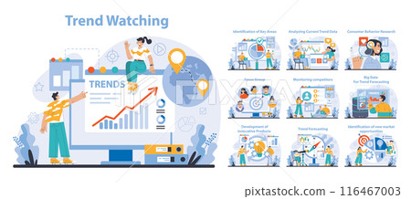 Trend watching set. Specialist tracking new business trends. Forecasting, data analysis and promotion strategy development. Flat vector illustration 116467003