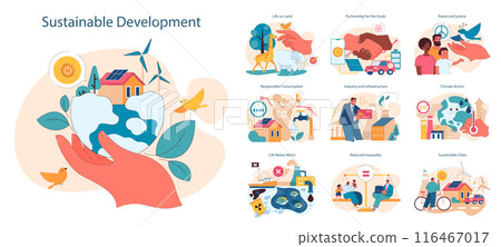 Sustainable development set. Global action for better future, impact on society and environment. Equality, climate preservation, clean energy and responsible consumption. Flat vector illustration 116467017