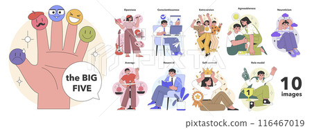The Big Five Personality Traits concept. Visual guide to understanding character with emotive representations and behaviors. Insightful psychological profiles. Flat vector illustration The Big Five Personality Traits concept. Visual guide to understanding character with emotive representations and behaviors. Insightful psychological profiles. Flat vector illustration 116467019