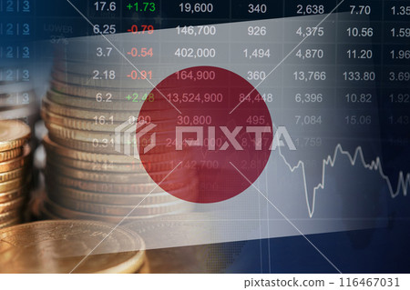Japan flag with stock market finance, economy trend graph digital technology. Japan flag with stock market finance, economy trend graph digital technology. 116467031