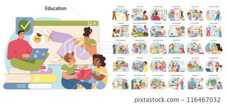 Comprehensive education set. People of various ages and races study. Wide array of educational scenes, from digital learning to traditional classrooms and cultural education. Flat vector illustration Comprehensive education set. People of various ages and races study. Wide array of educational scenes, from digital learning to traditional classrooms and cultural education. Flat vector illustration 116467032