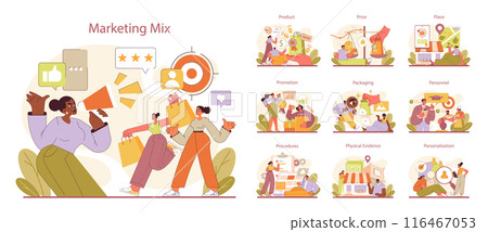 Marketing Mix set. Diverse business strategies from product development to personalization. Engaging visual guide for effective market presence. Flat vector illustration. 116467053