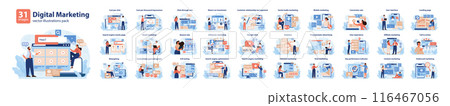 Digital Marketing Vector Set. Comprehensive collection illustrating digital marketing concepts, showcasing strategies and online tools. Flat vector illustrations. Digital Marketing Vector Set. Comprehensive collection illustrating digital marketing concepts, showcasing strategies and online tools. Flat vector illustrations. 116467056
