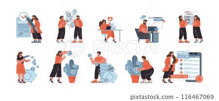 Financial planning set. Professionals engaged in monetary management, investment strategy, and economic research, emphasizing fiscal responsibility and growth. Flat vector illustration. 116467069