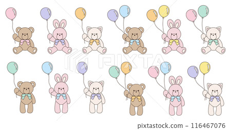 Vector illustration set of cute bear, rabbit and cat stuffed animals with ribbons holding balloons Icon 116467076