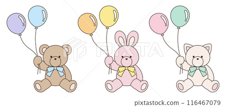 向量插圖設定了可愛的熊、兔子和貓毛絨動物的圖標，它們拿著氣球，戴著絲帶 116467079