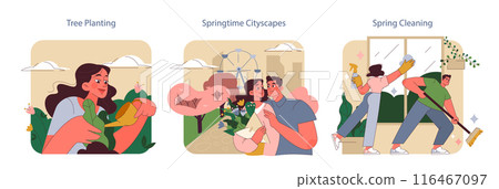 Nature's Awakening set. Rejuvenation of the environment, urban romance, and home refresh. Seasonal activities and joy. 116467097