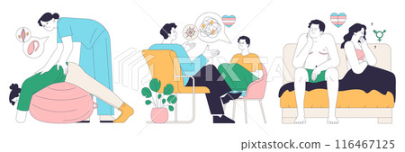 Gender transition consequences set. Gender-affirming therapy, positive and negative experience. Transgender person mental health, legalization, activism and discrimination. Flat vector illustration Gender transition consequences set. Gender-affirming therapy, positive and negative experience. Transgender person mental health, legalization, activism and discrimination. Flat vector illustration 116467125