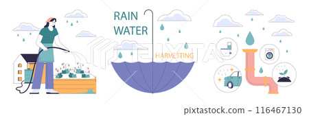 Rainwater harvesting set. Sustainable practice of urban water preservation and its use in gardening and farming. Natural water cycle. Flat vector illustration 116467130