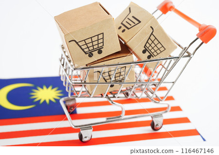Online shopping, Shopping cart box on Malaysia flag, import export, finance commerce. Online shopping, Shopping cart box on Malaysia flag, import export, finance commerce. 116467146