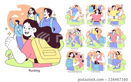 Rucking set. Comprehensive guide to effective outdoor fitness walking with a weighted backpack. Tips on gear, posture, pacing, hydration. Flat vector illustration. Rucking set. Comprehensive guide to effective outdoor fitness walking with a weighted backpack. Tips on gear, posture, pacing, hydration. Flat vector illustration. 116467160