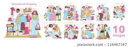 Secondhand shopping set. Thrifty consumers explore, donate, and upcycle items, embracing vintage styles and sustainable fashion. Eco-conscious lifestyle choices. Vector illustration. Secondhand shopping set. Thrifty consumers explore, donate, and upcycle items, embracing vintage styles and sustainable fashion. Eco-conscious lifestyle choices. Vector illustration. 116467167