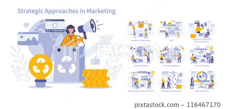 Marketing strategies set. Diverse digital marketing tactics and engagement. Online advertising, partnership, and content creation. Vector illustration. 116467170