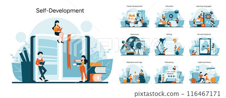 Self-Development set. A panorama of individual growth activities. Reading, career and language skills enhancement. Creative arts, astronomy, wellness practices. Vector illustration Self-Development set. A panorama of individual growth activities. Reading, career and language skills enhancement. Creative arts, astronomy, wellness practices. Vector illustration 116467171