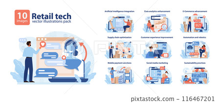 Retail Tech Vector Illustrations Pack. A dynamic showcase of technology integration in retail, featuring AI, data analysis, e-commerce, and sustainable practices. 116467201