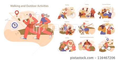 Retirees' Activities set. Seniors indulge in diverse pastimes from outdoor walks to crafts, capturing the essence of active retirement. A showcase of vitality and hobbies. Retirees' Activities set. Seniors indulge in diverse pastimes from outdoor walks to crafts, capturing the essence of active retirement. A showcase of vitality and hobbies. 116467206