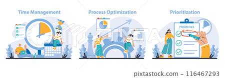 Productivity boosting set. Essential techniques for time management, process optimization, and task prioritization. Maximizing workplace efficiency. Flat vector illustration. 116467293