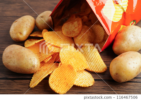 Potato chips , delicious BBQ seasoning spicy for crips, thin slice deep fried snack fast food. 116467506