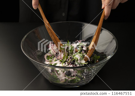 Blueberry and cottage cheese salad tossed in a bowl 116467551