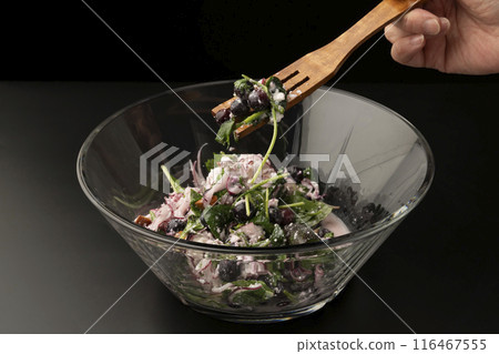 Blueberry and cottage cheese salad tossed in a bowl Blueberry and cottage cheese salad tossed in a bowl 116467555