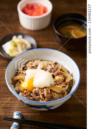 Beef bowl topped with a soft-boiled egg Beef bowl topped with a soft-boiled egg 116468237