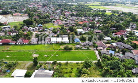Aerial view of rice field and village in the countryside Aerial view of rice field and village in the countryside 116468561
