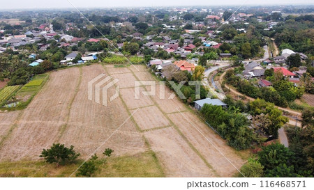 Aerial view of rice field and village in the countryside Aerial view of rice field and village in the countryside 116468571