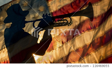 Silhouette of a Soldier Playing Trumpet Against American Flag. Honoring Veterans and Patriotism 116469055