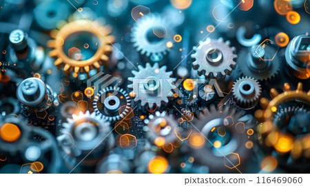 Interconnected gears working together, symbolizing teamwork, engineering, and industry. 116469060