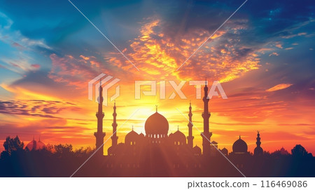 Grand Mosque Silhouette Against a Vibrant Sunset. Islamic Architecture and Faith Grand Mosque Silhouette Against a Vibrant Sunset. Islamic Architecture and Faith 116469086