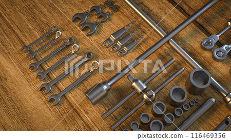 The garage tool on wood table for workshop or fix content 3d rendering. 116469356
