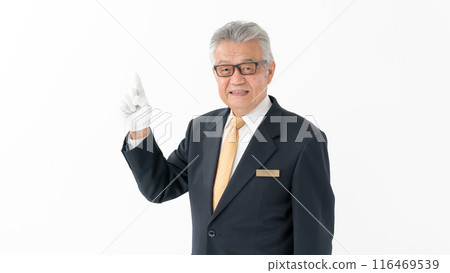 Senior man, business, white gloves, pointing 116469539