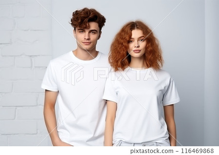 AI-generated item. Young couple in white t-shirts on a white background. 116469868