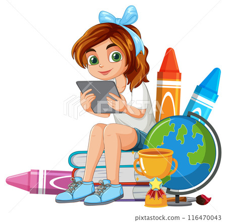 Girl Learning with Tablet and Books 116470043