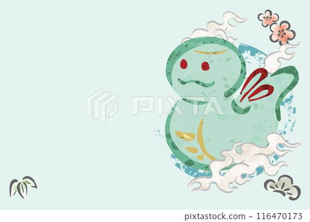 New Year's card, New Year, 2025, postcard template, clay bell, snake year, snake, sumi-e, watercolor, cute, illustration 116470173