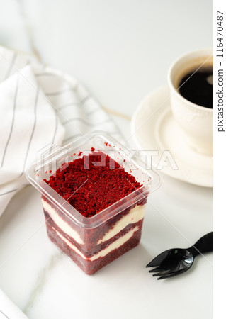 Trifle red velvet in plastic cup on table Trifle red velvet in plastic cup on table 116470487