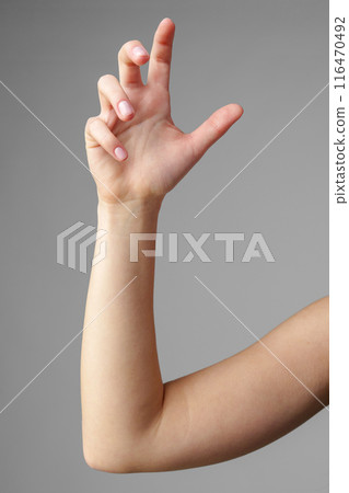 Woman Holding Arm Up in the Air with Gesture Woman Holding Arm Up in the Air with Gesture 116470492
