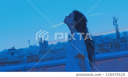 一個女人站在屋頂上仰望天空 116470528